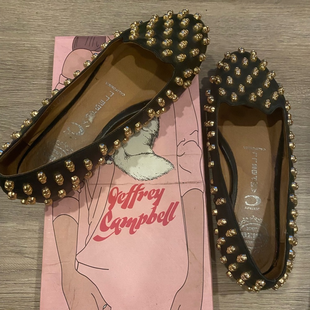 Jeffrey Campbell Black and Gold Skull Studded Loafers